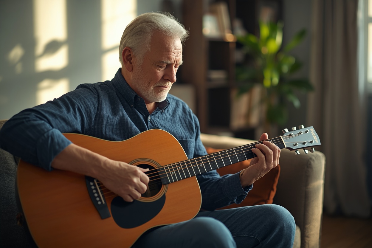 Senior man learning to play guitar, a real brain exercise