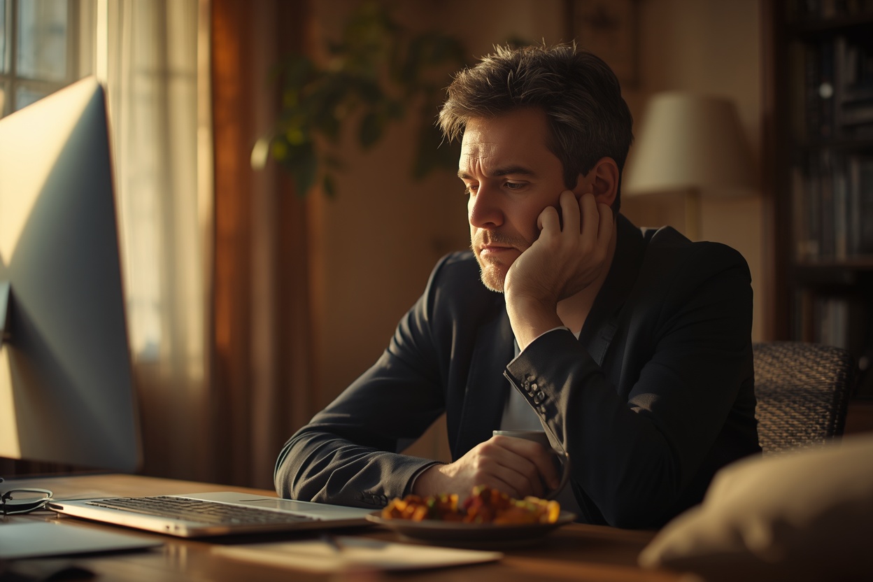 Man struggling to focus at his desk in the afternoon after lunch