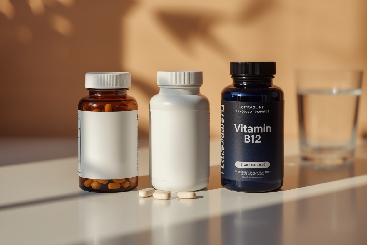 Brain fog supplements: citicoline, B12 and omega-3 capsules on a desk