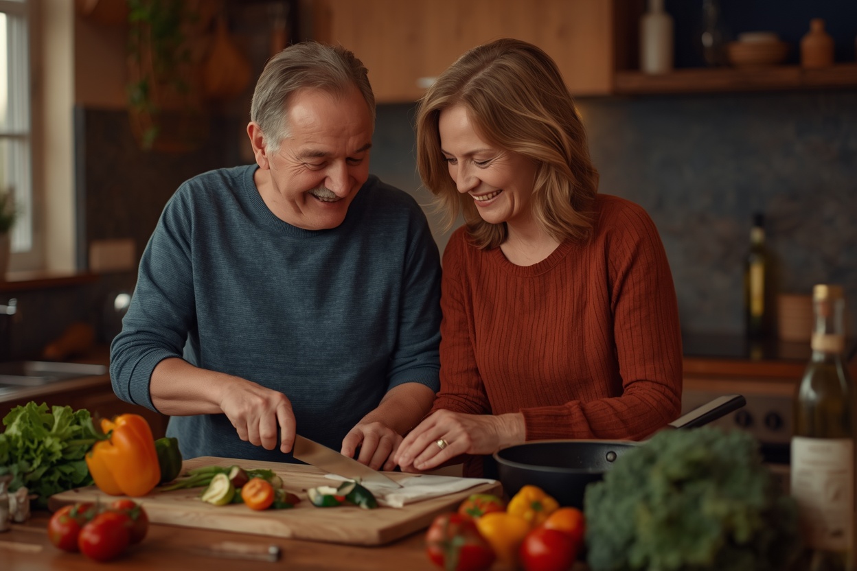 Couple in their sixties cooking a healthy dinner with vegetables together