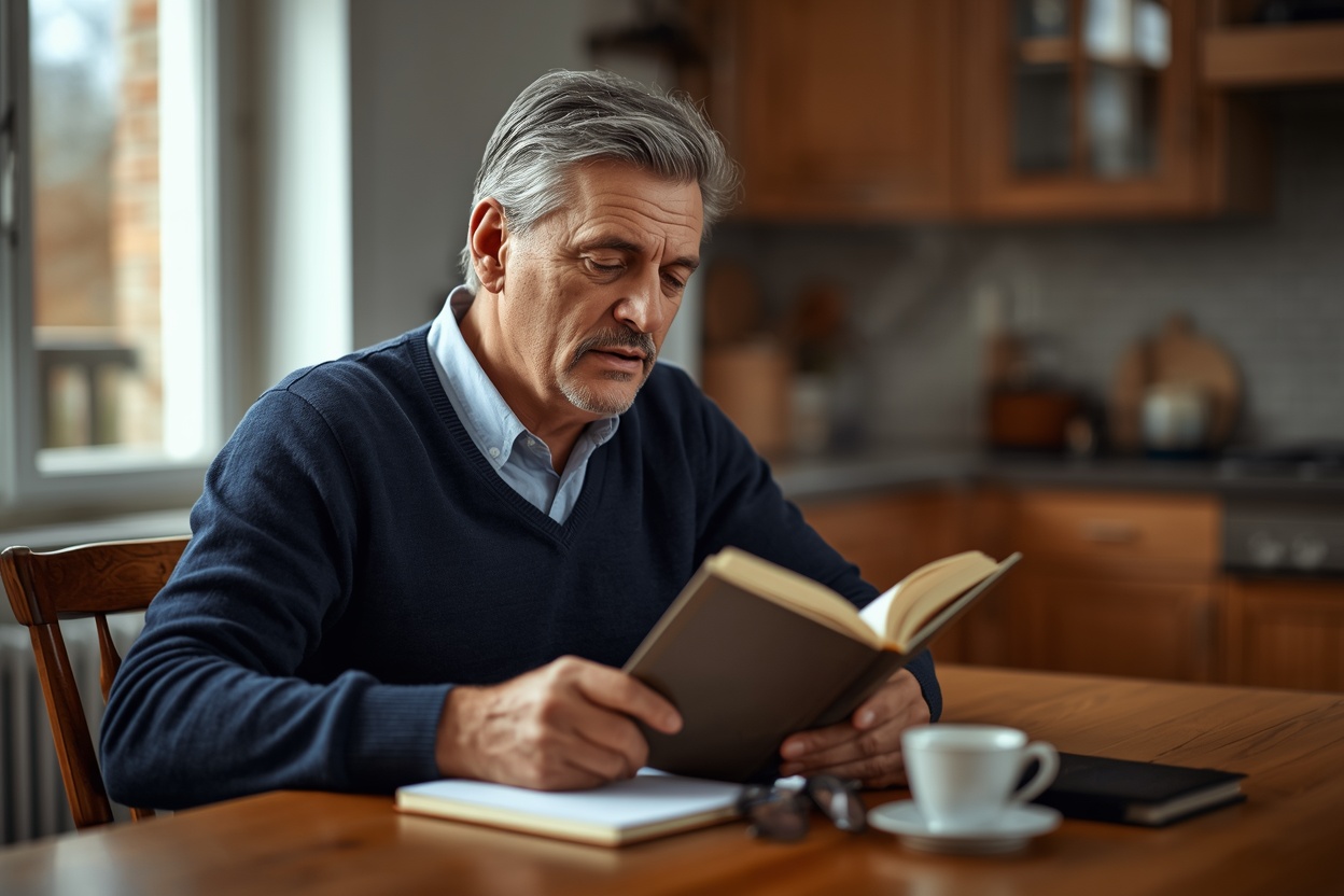 Man in his early fifties reading a book at a wooden kitchen table