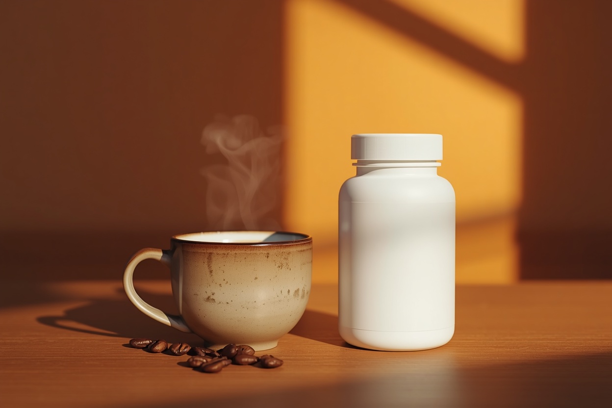 Cup of coffee next to a plain supplement bottle on a wooden desk