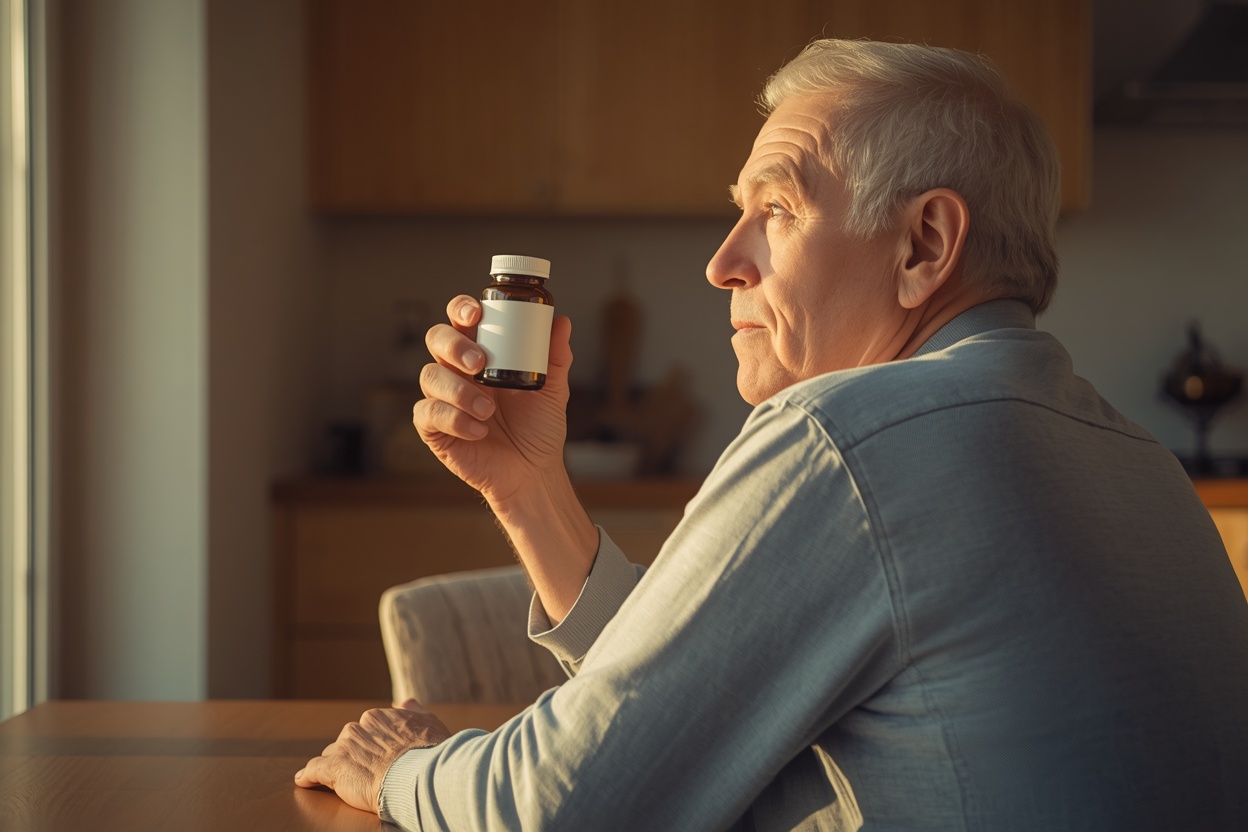 Senior man reading a supplement bottle label at his kitchen table