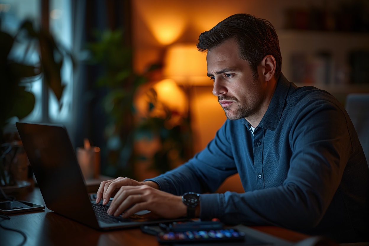 Man at a desk distracted by phone notifications while working on a laptop