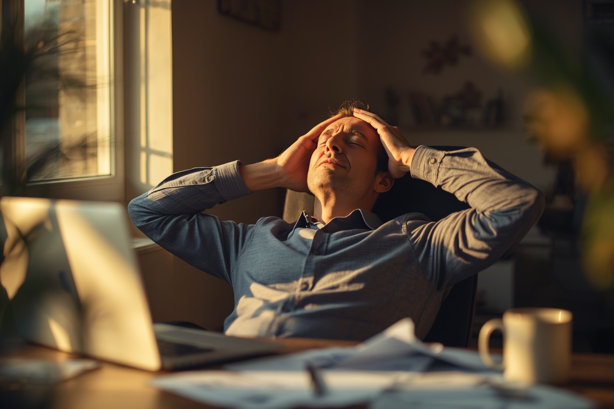 Man rubbing his temples at a desk in the afternoon, brain fog and focus problems