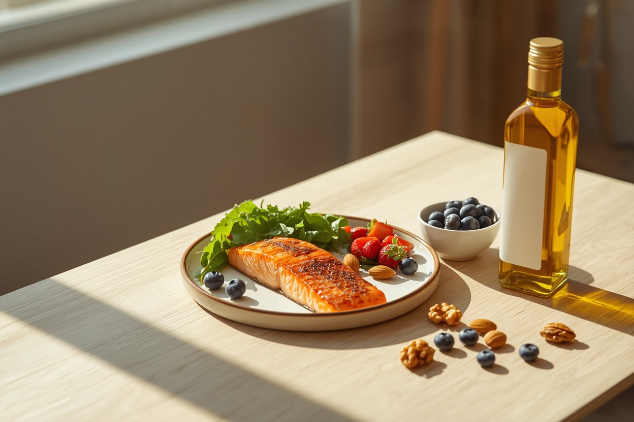 Brain healthy foods on a table: salmon, leafy greens, berries, nuts and olive oil