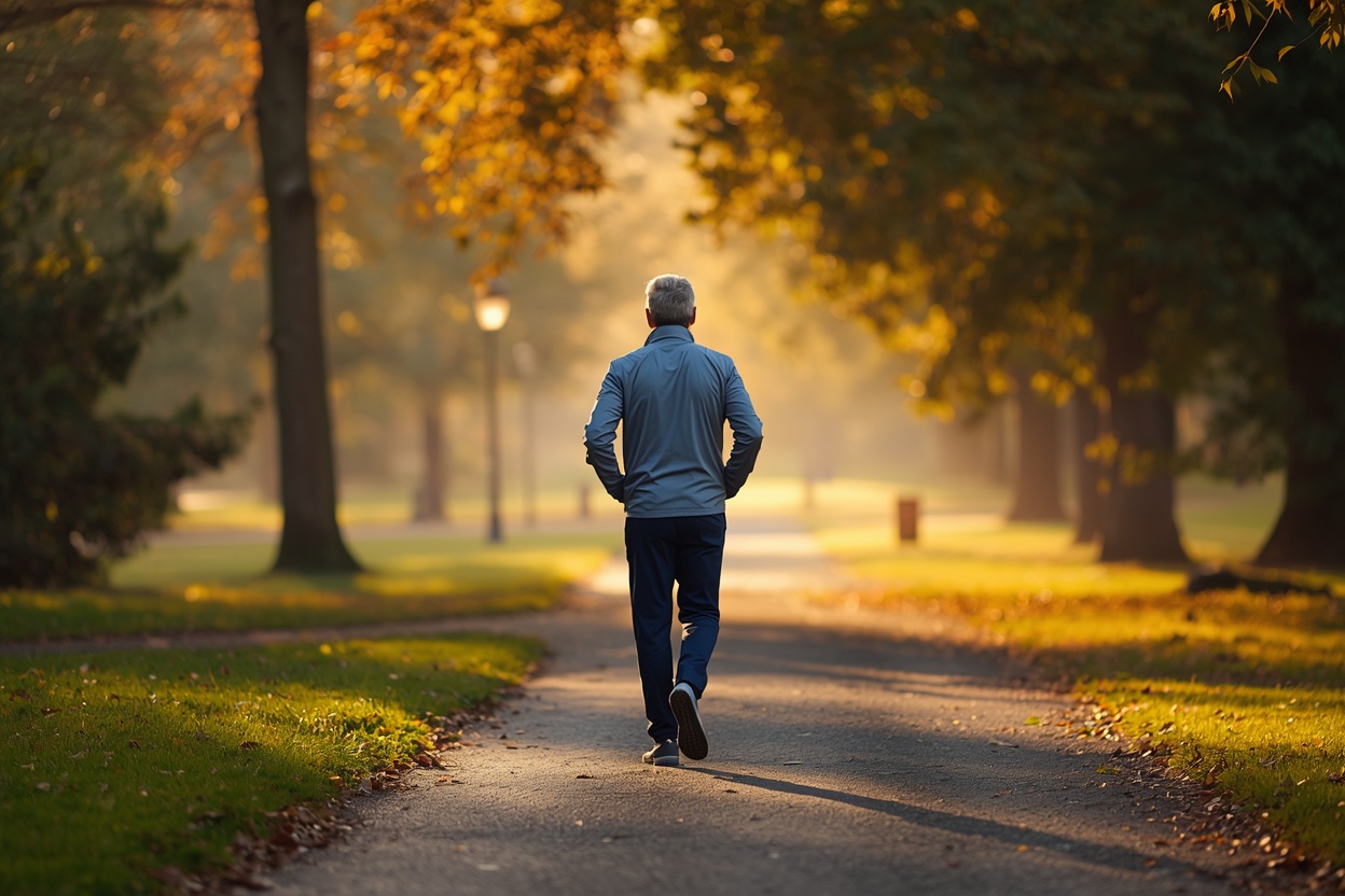 Person in their fifties walking in a park in the morning, daily memory habit