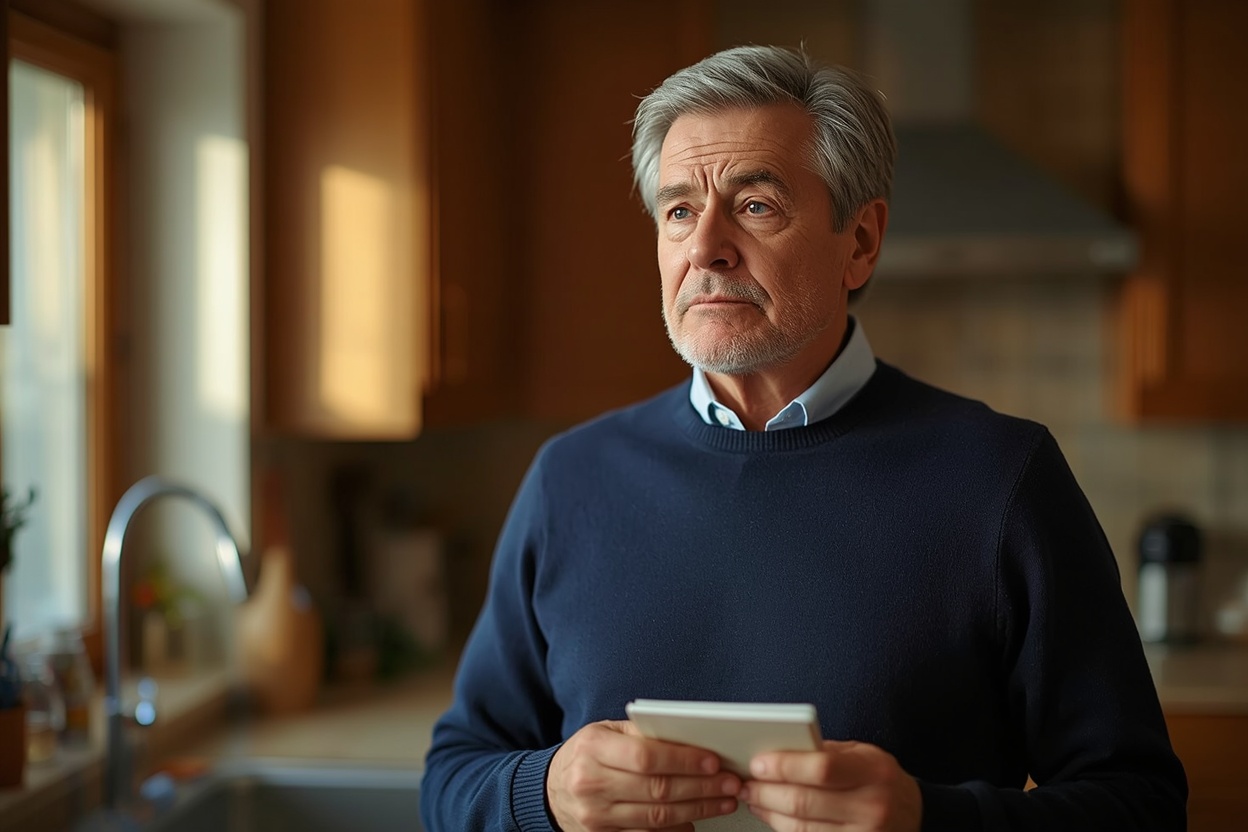 Man in his fifties holding a notebook, looking thoughtful about memory lapses