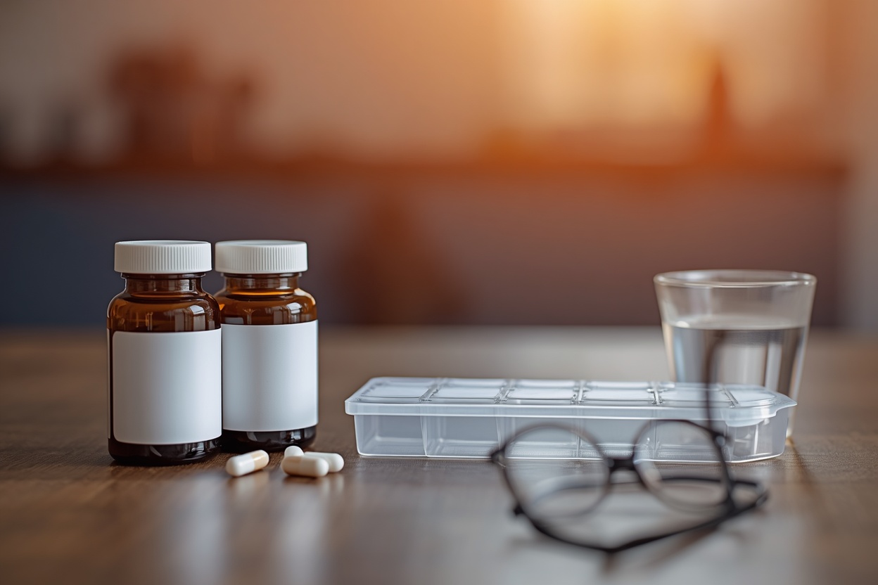 Memory supplements for seniors arranged next to a weekly pill organizer
