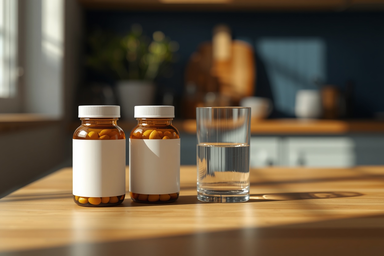 Vitamin bottles and a glass of water on a kitchen table