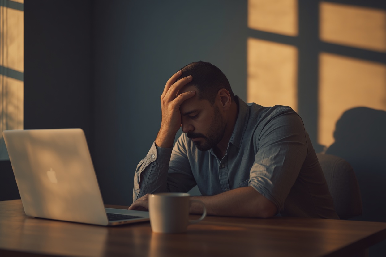 Person experiencing afternoon fatigue at a desk with an empty coffee cup