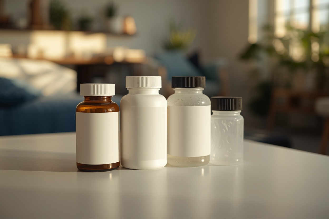 Four supplement bottles arranged on a white surface showing different labels
