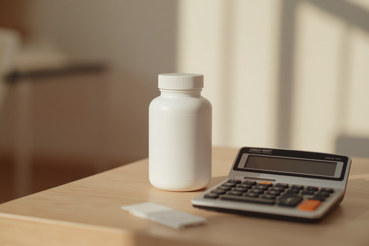 Supplement bottle with calculator and price tag, value breakdown