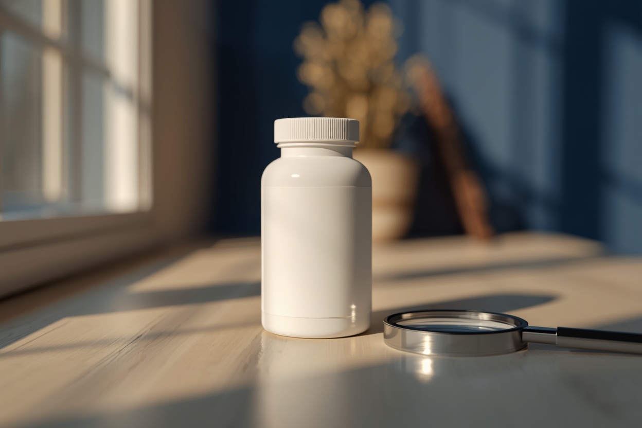 Supplement bottle with warning label and magnifying glass, safety review