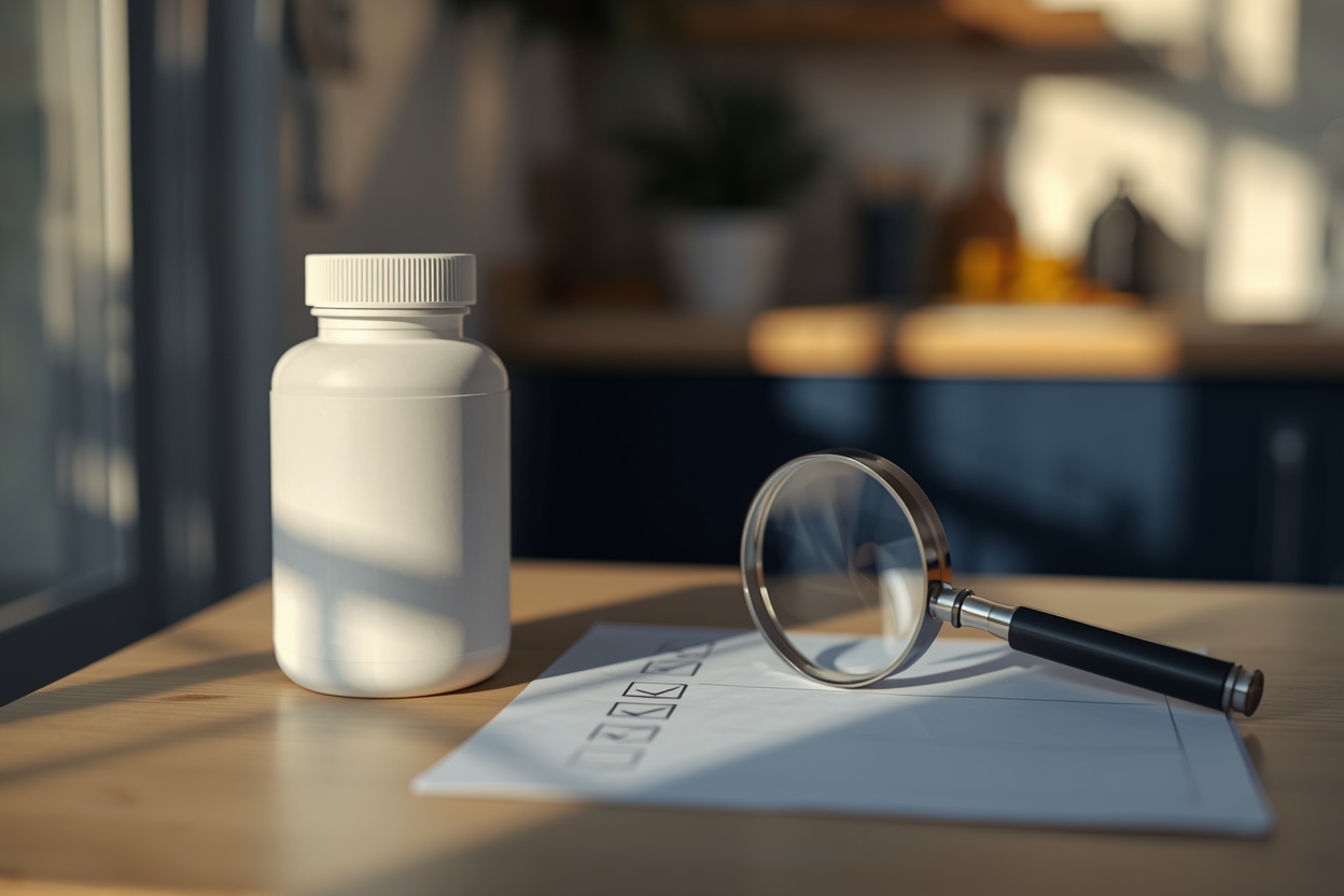 Supplement bottle with magnifying glass and checklist, scam investigation