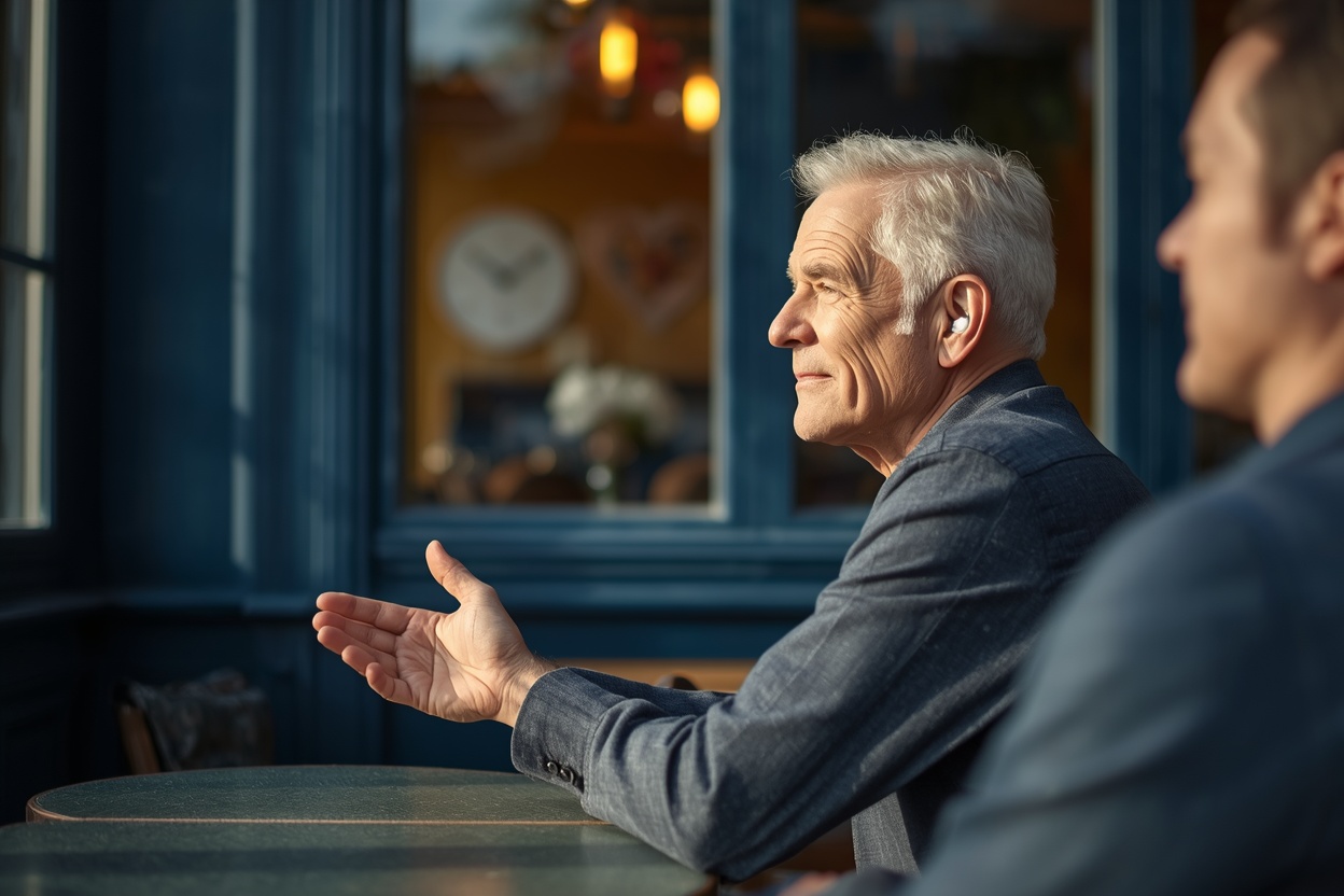 Older adult wearing hearing aids while having a conversation at a cafe