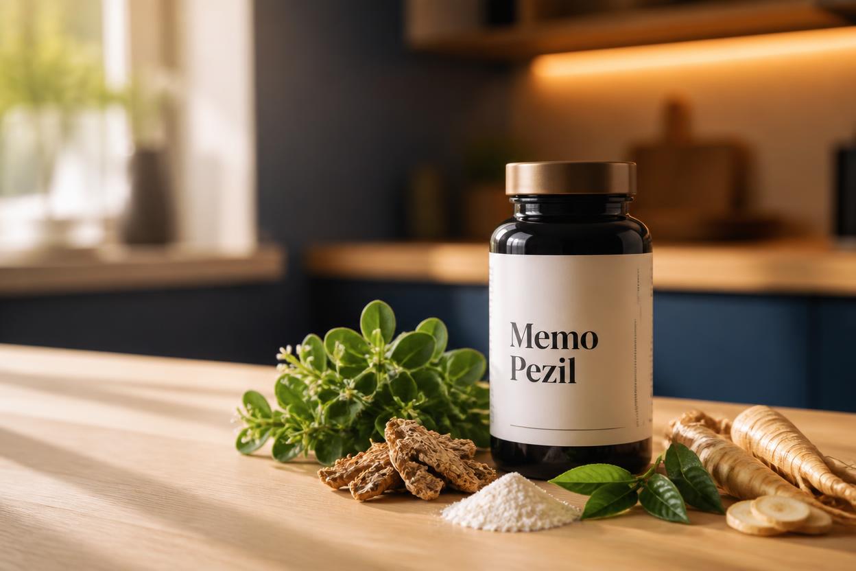 Memo Pezil supplement label showing BCAAs, bacopa, rhodiola, L-theanine and ginseng doses