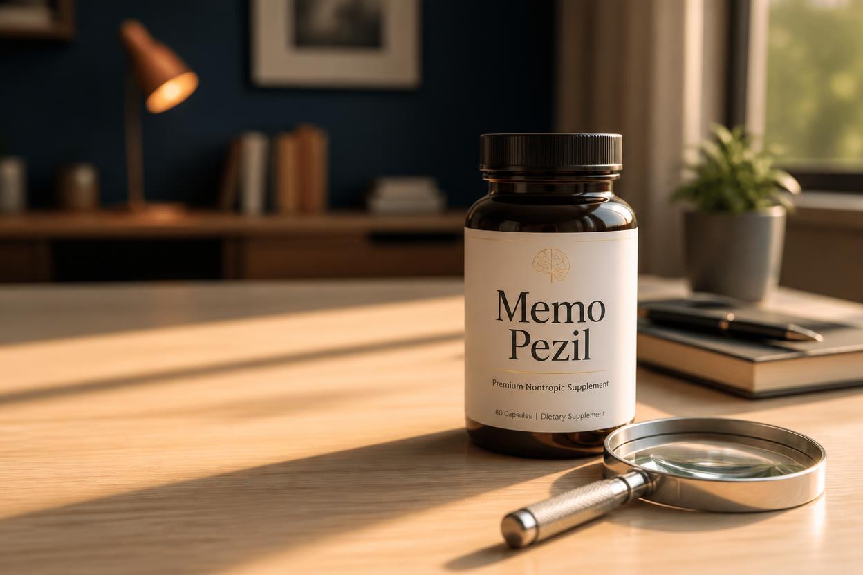 Memo Pezil supplement bottle with warning symbols and magnifying glass