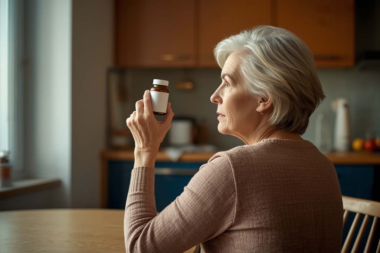 Woman in her fifties reading a supplement label at a kitchen table