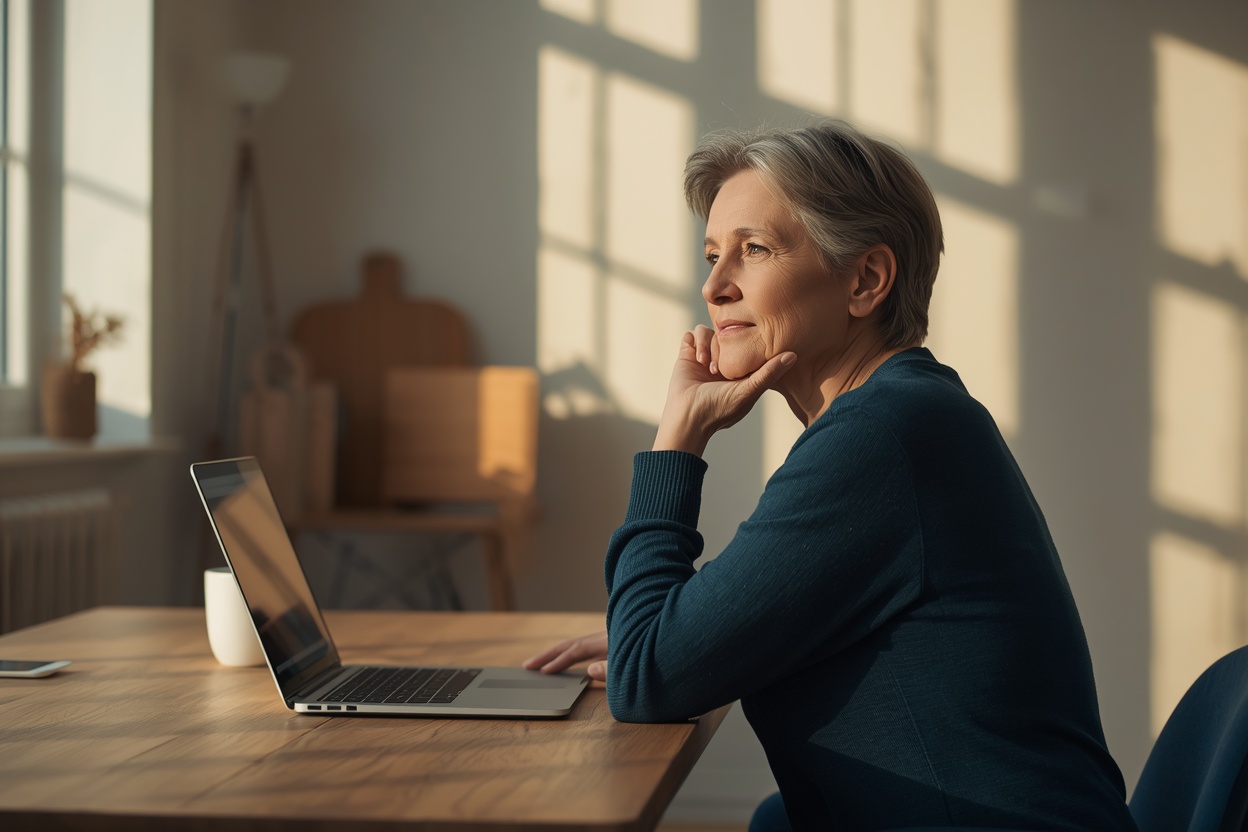 Woman in her fifties sitting at a desk looking thoughtful while working on a laptop