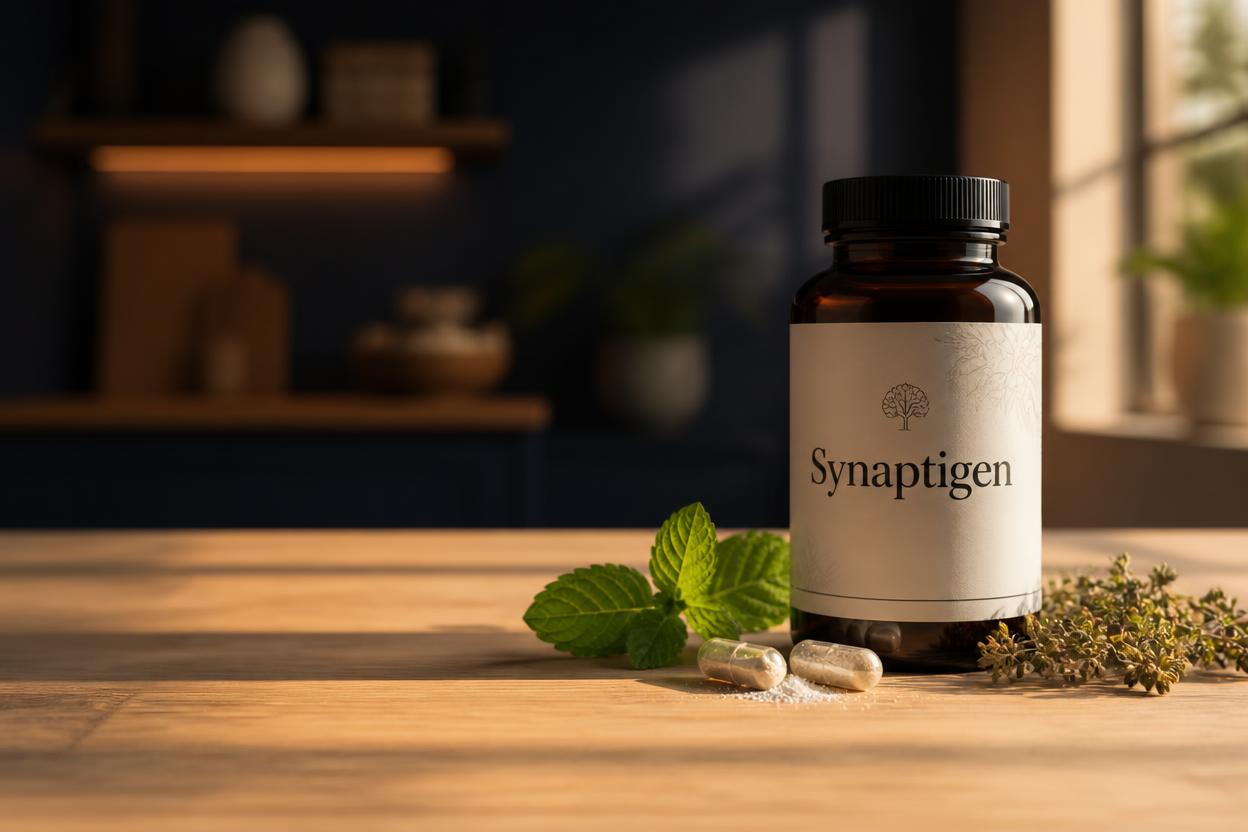 Synaptigen supplement label showing probiotic strains and plant extracts