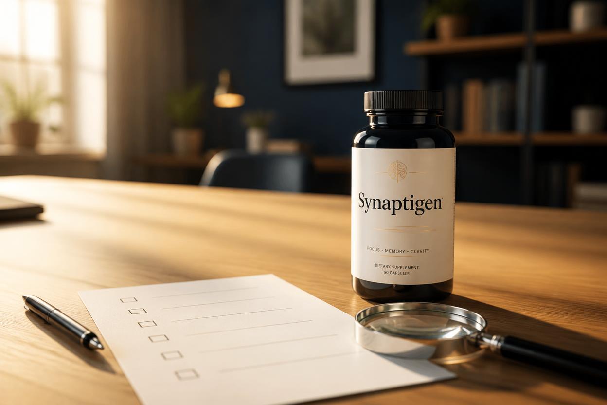 Synaptigen supplement bottle with magnifying glass and checklist