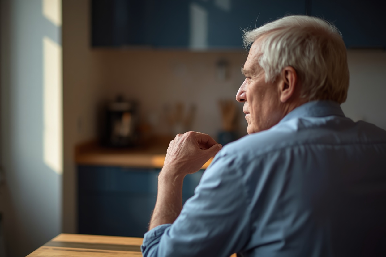 Older adult pausing mid-conversation while searching for a word