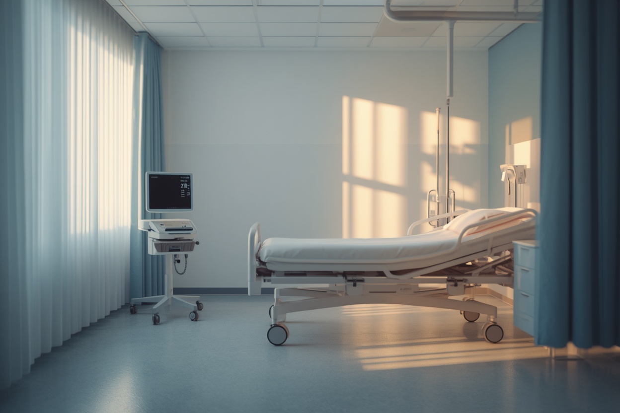 Empty hospital recovery room with a patient bed, monitoring equipment and soft morning light
