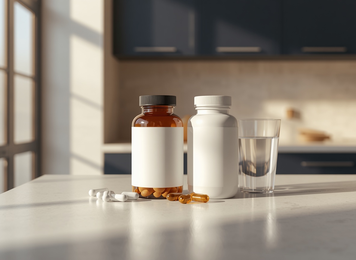 Joint supplement bottles with glucosamine and chondroitin capsules arranged next to a glass of water on a bright kitchen counter