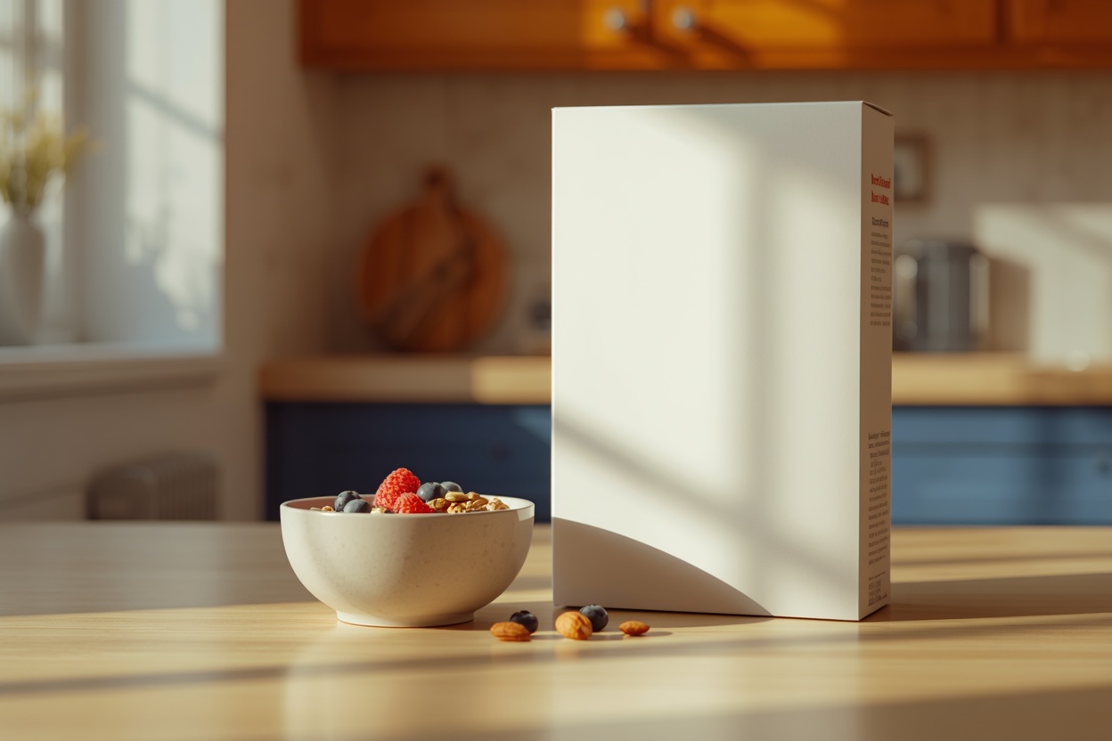 Box of breakfast cereal on a kitchen counter beside a bowl of oats, berries and nuts