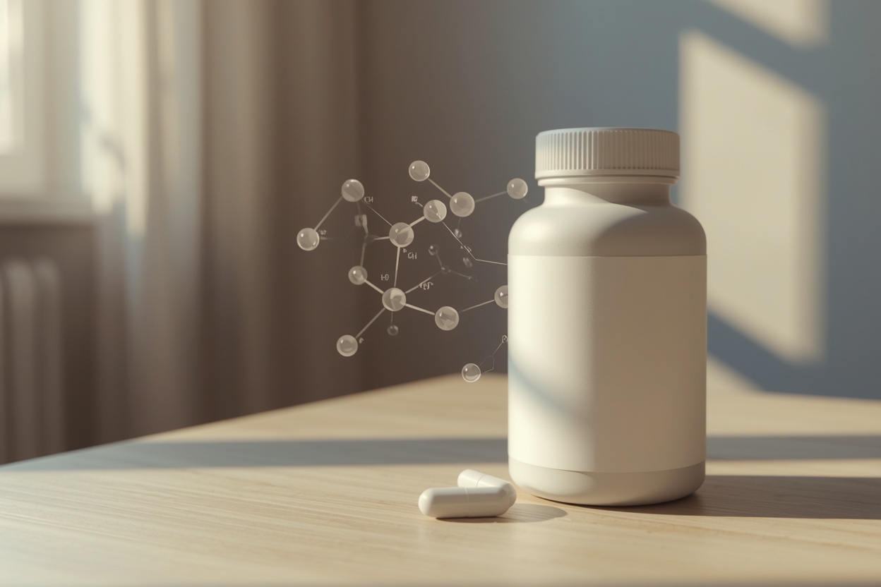 Citicoline supplement capsules with a molecular structure diagram overlay