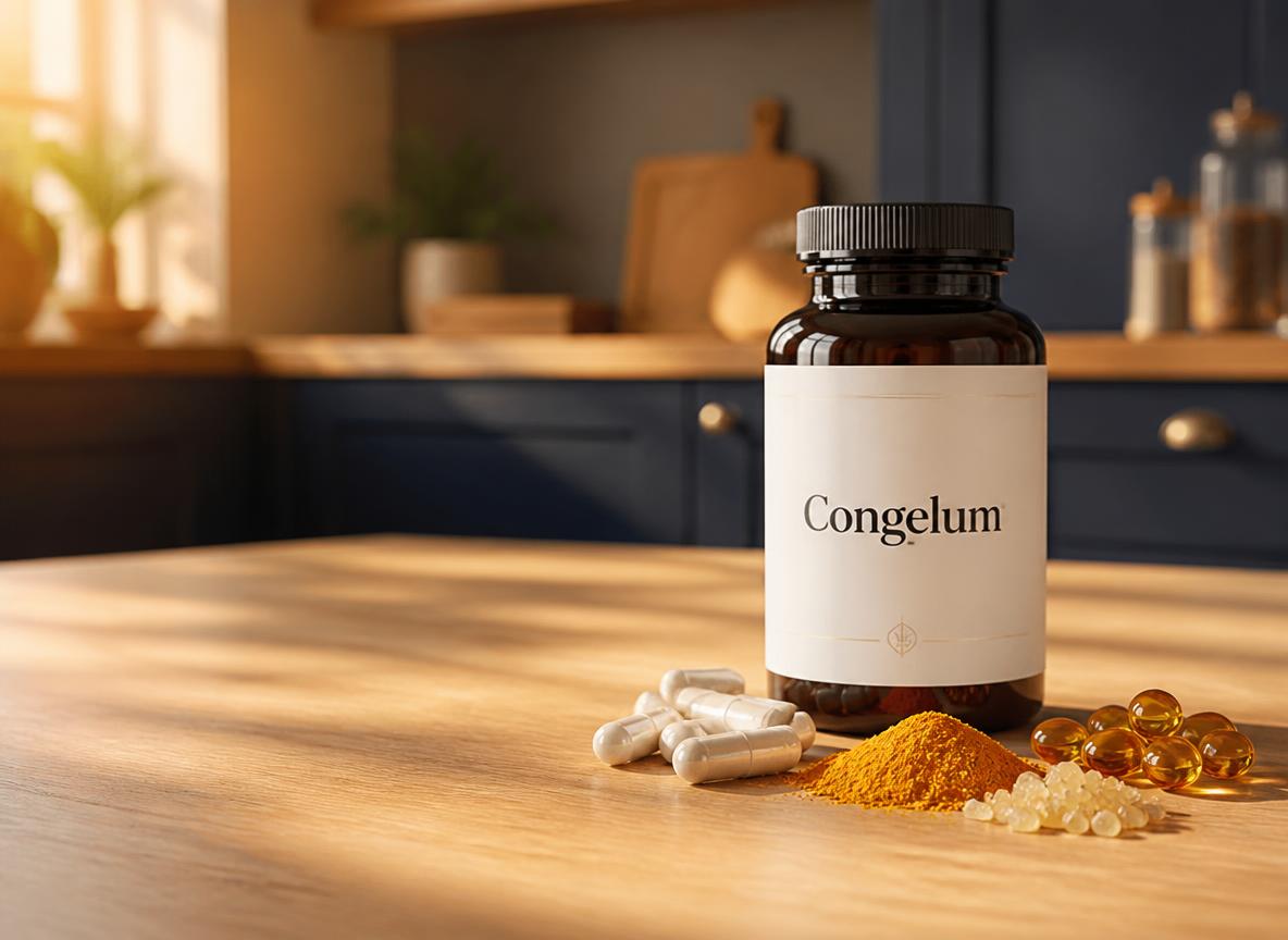 Congelum joint supplement bottle with four-ingredient label on a kitchen counter
