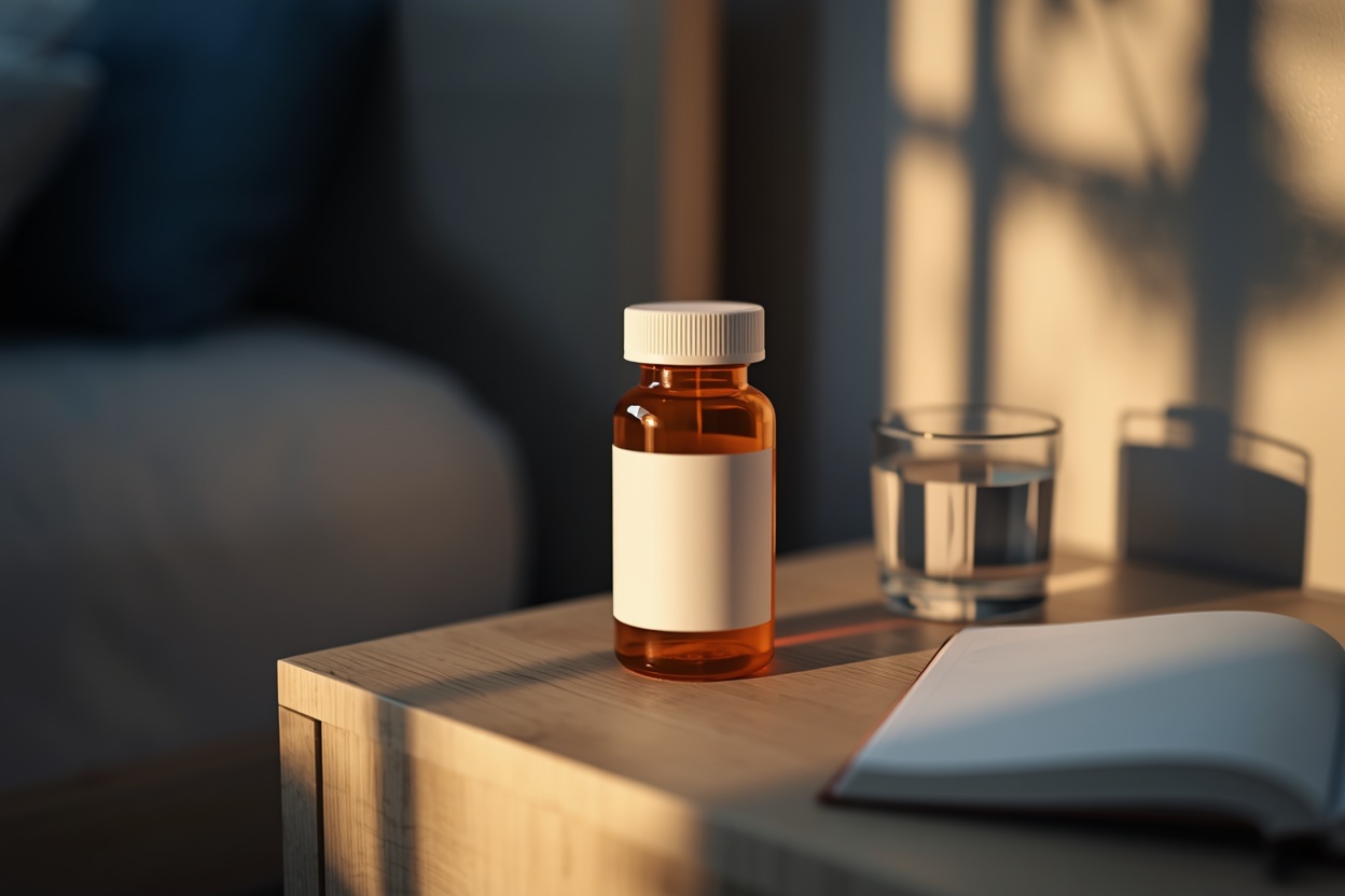 Prescription pill bottle labeled gabapentin on a bedside table beside a glass of water and a notepad