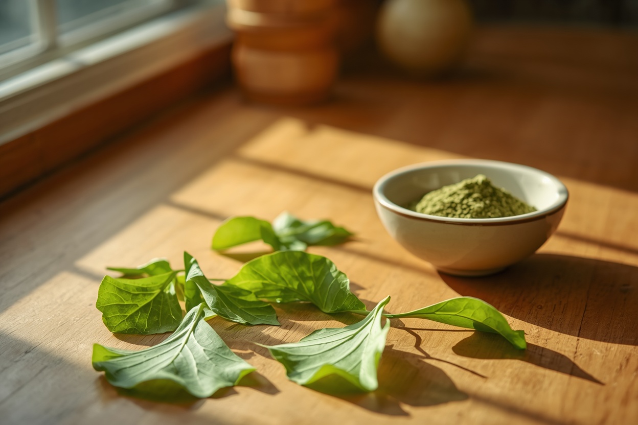 Ginkgo biloba fan-shaped leaves on a wooden surface with dried herb powder