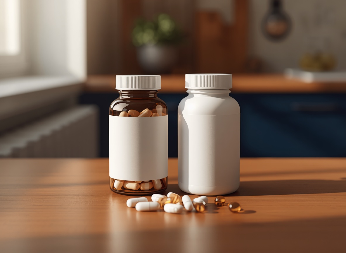 Glucosamine and chondroitin supplement capsules and bottles on a wooden table