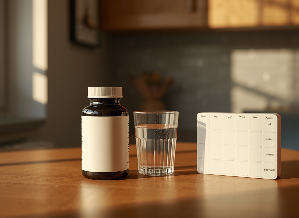 Glucosamine supplement bottle next to a glass of water and a daily pill organizer on a kitchen counter