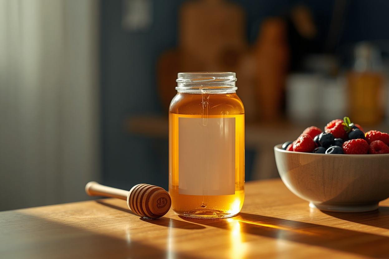 Glass jar of honey with a wooden dipper beside a bowl of fresh berries on a kitchen table