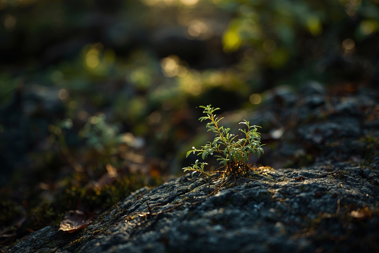 Huperzia serrata moss plant growing on a forest rock with small green leaves