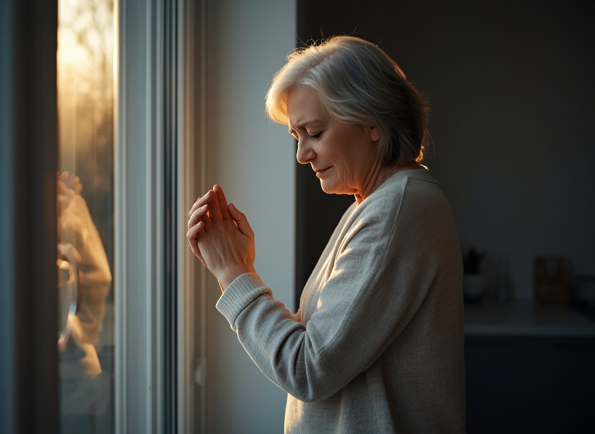 Woman in her fifties holding her stiff hand and wrist in morning light by a kitchen window