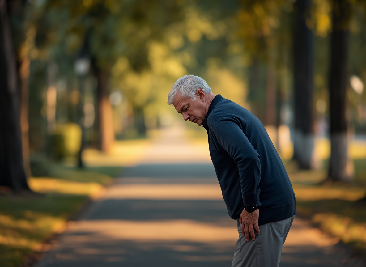 Man in his late fifties pausing on a park walking path and holding his knee
