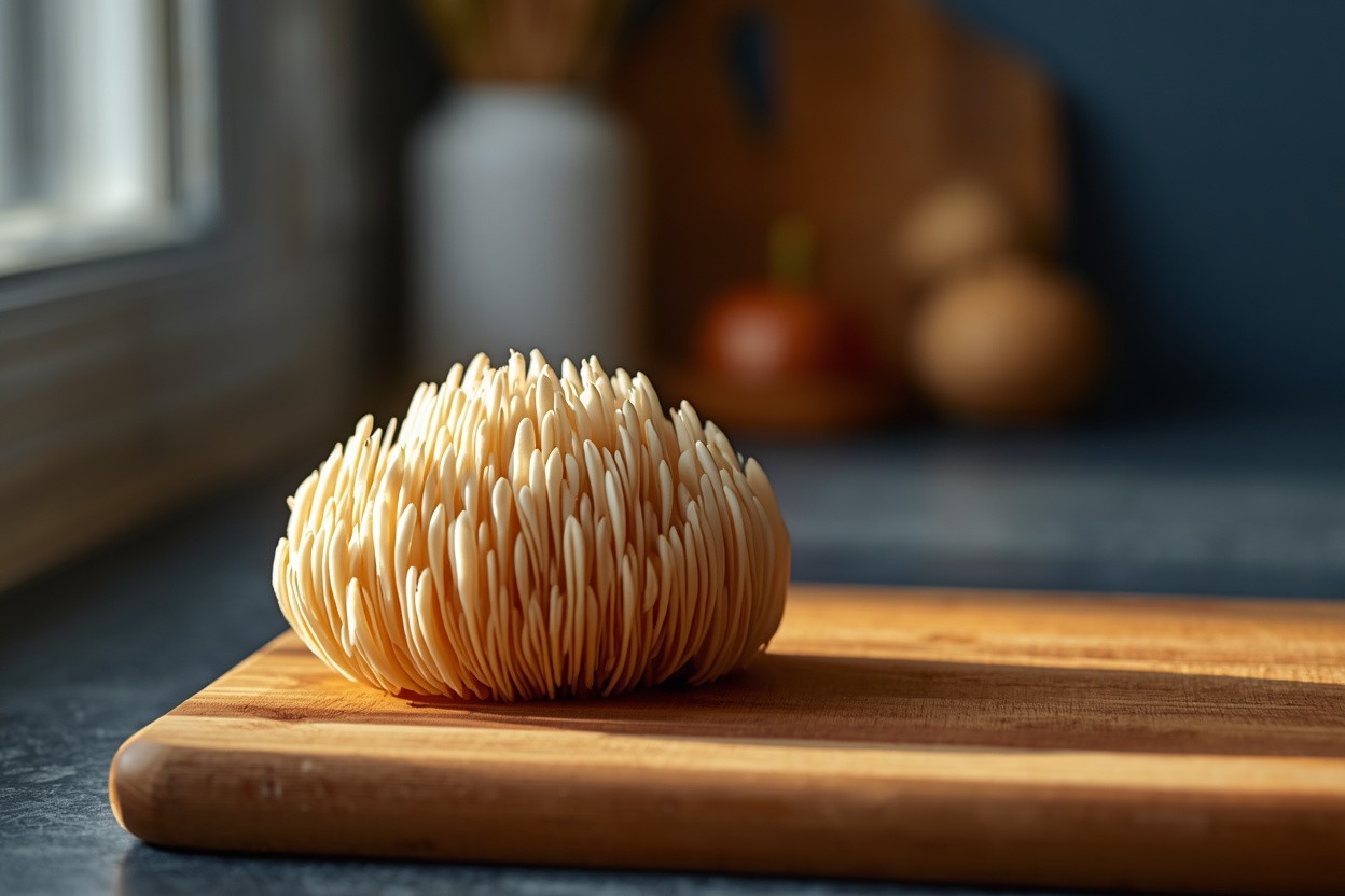 Fresh Lion's Mane mushroom with cascading white spines on a wooden cutting board
