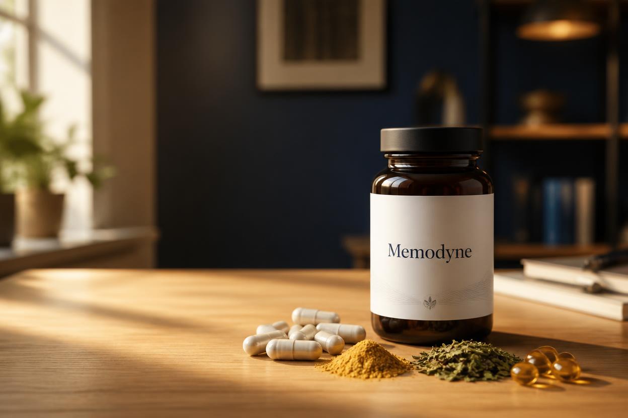 Memodyne memory supplement bottle with four-ingredient label on a wooden desk