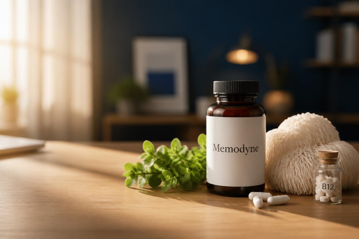 Memodyne supplement label showing citicoline, bacopa, lion's mane and B12 doses