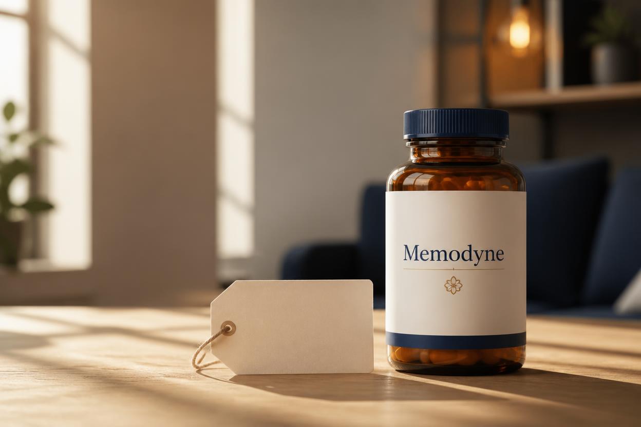Memodyne supplement bottle with a plain price tag on a neutral background