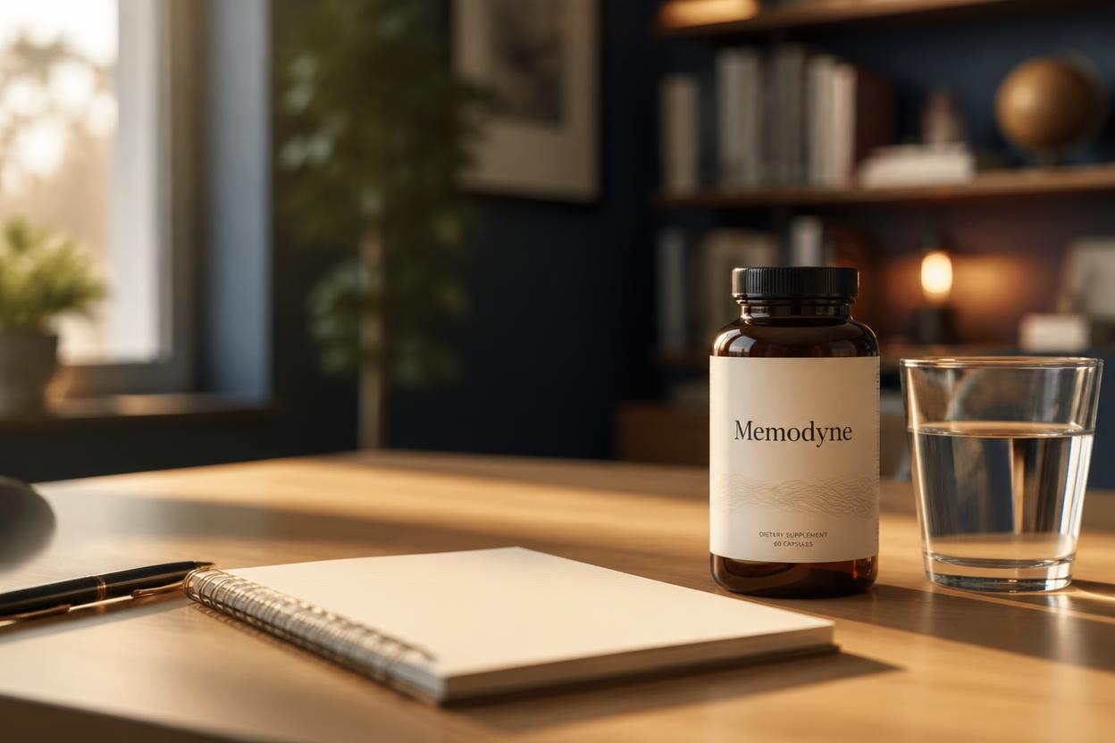Memodyne supplement bottle beside a glass of water and a notepad tracking daily symptoms