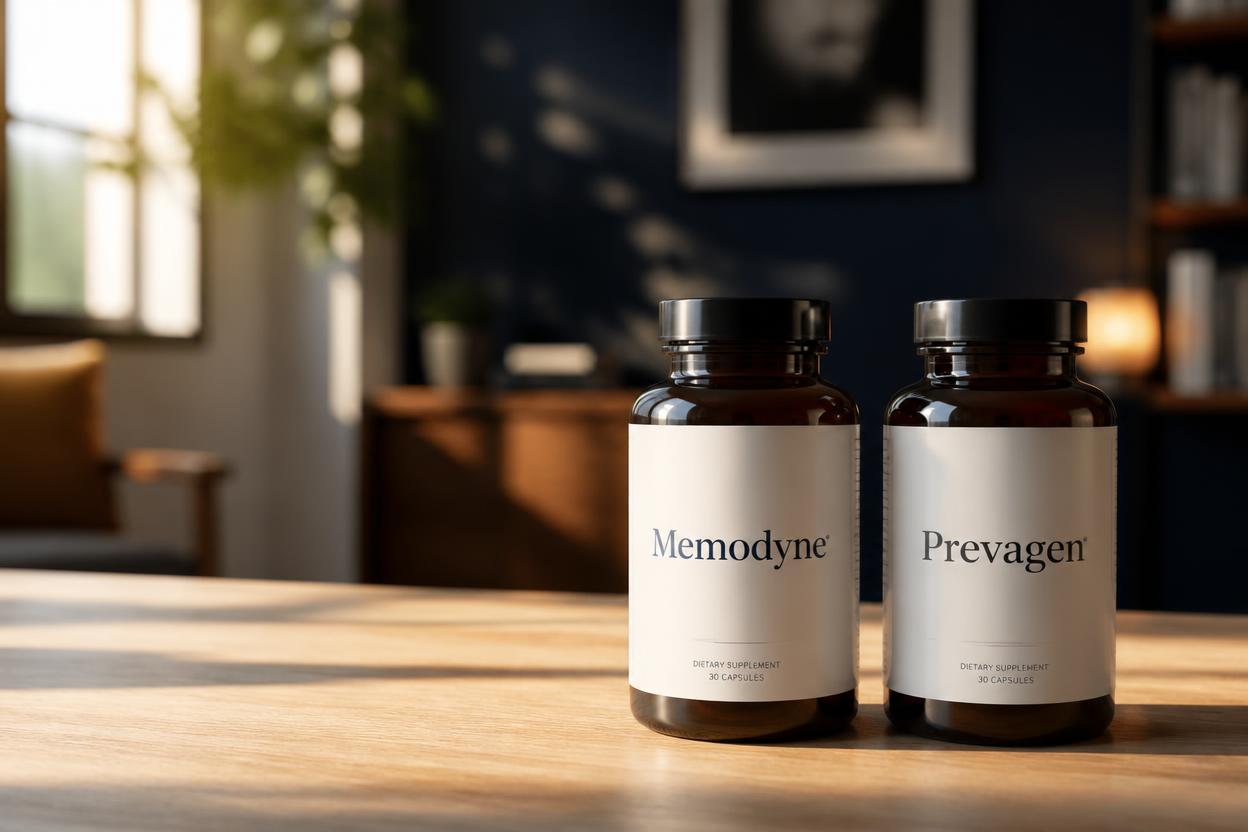 Memodyne and Prevagen supplement bottles side by side on a table for comparison
