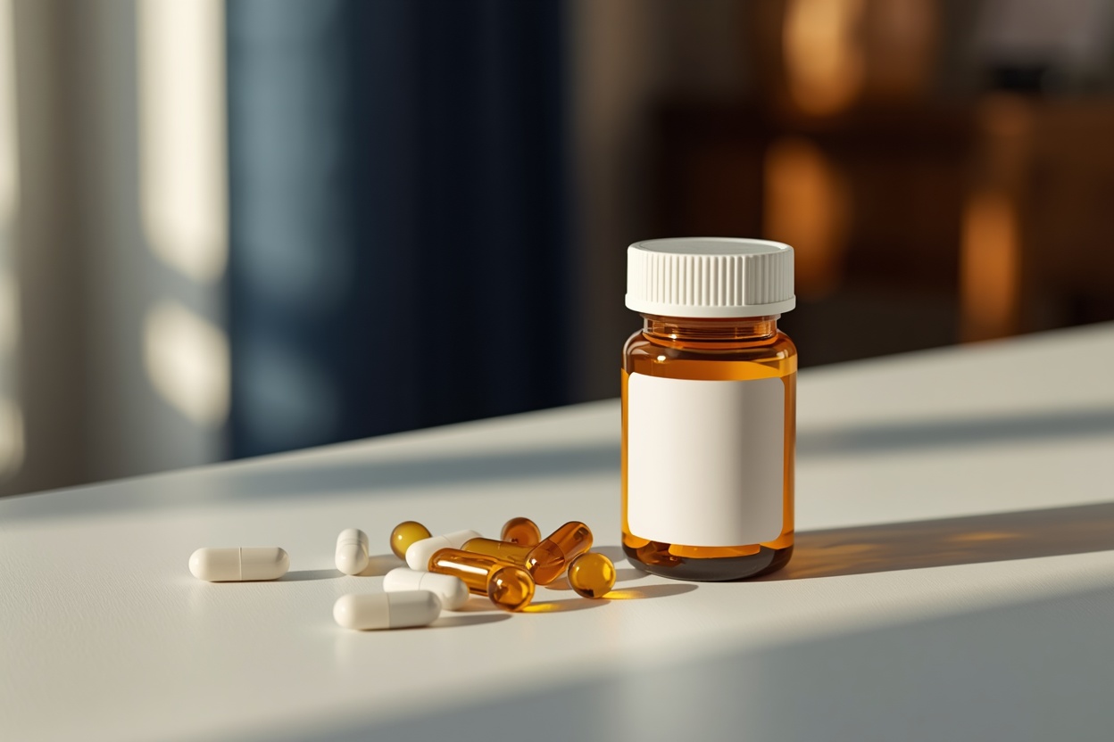 Assorted supplement capsules and a prescription pill bottle side by side on a white surface