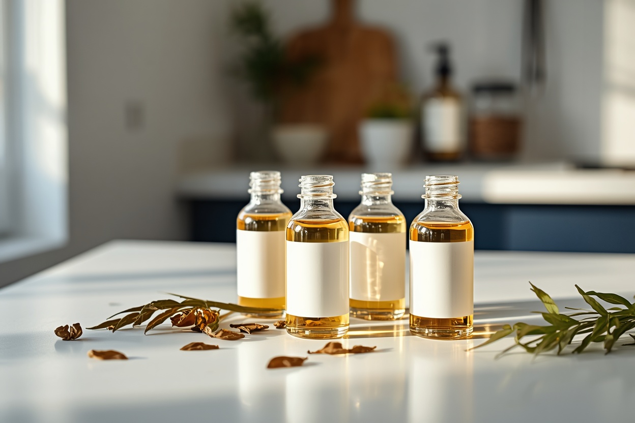 Glass laboratory bottles with herbal extracts and dried bacopa leaves on a white surface
