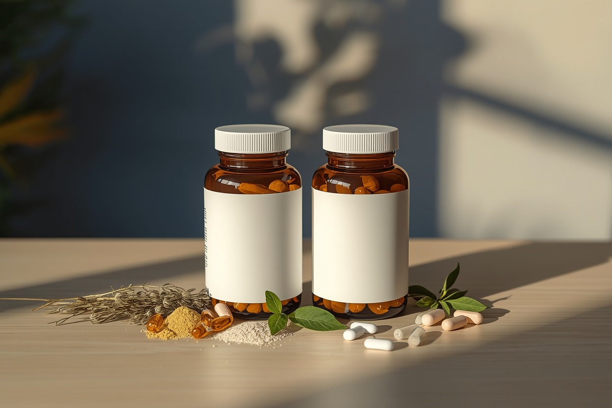 Two supplement bottles side by side, one with a long multi-ingredient label and one with a short three-ingredient label