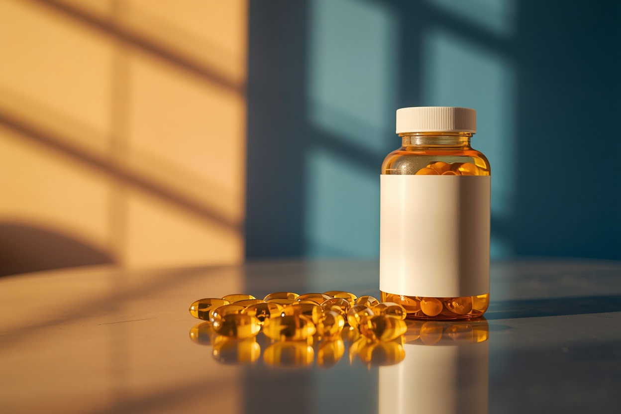 Fish oil softgel capsules with DHA label on a glass surface reflecting light